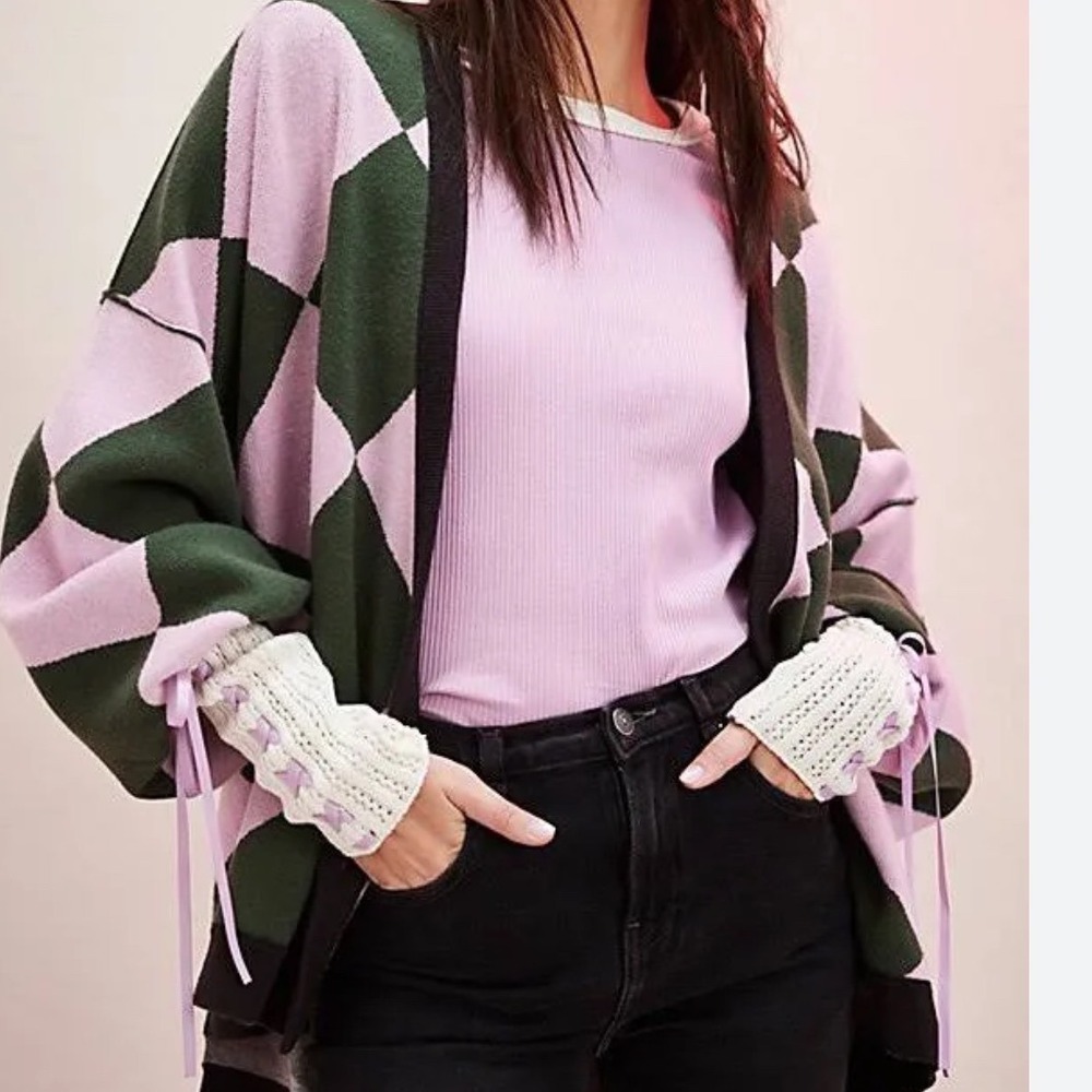 Free People Lavender and Forest Green Checker Knit Cardigan